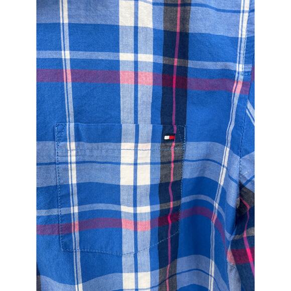 Tommy Hilfiger classic fit blue pink plaid long sleeve button front shirt sz XL - Picture 2 of 5